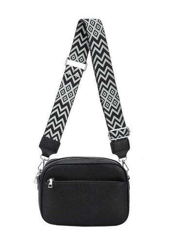 Black Front Zip Canvas Strap Dual Compartments PU Leather Crossbody Bag