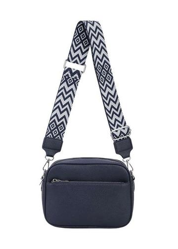 Blue Front Zip Canvas Strap Dual Compartments PU Leather Crossbody Bag