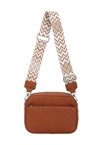 Front Zip Canvas Strap Dual Compartments PU Leather Crossbody Bag Brown