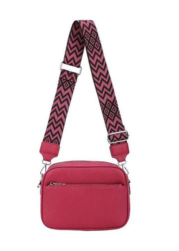 Front Zip Canvas Strap Dual Compartments PU Leather Crossbody Bag Fuchsia