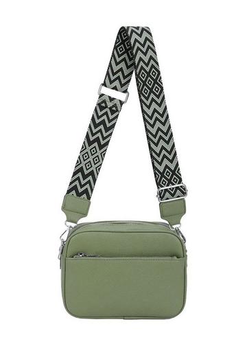 Front Zip Canvas Strap Dual Compartments PU Leather Crossbody Bag Green