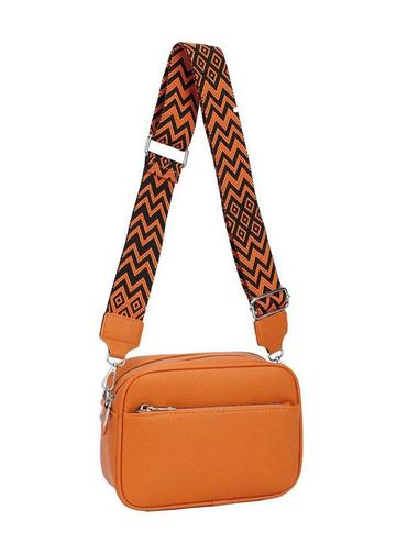 Orange Front Zip Canvas Strap Dual Compartments PU Leather Crossbody Bag