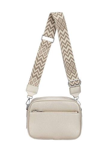 Front Zip Canvas Strap Dual Compartments PU Leather Crossbody Bag Silver