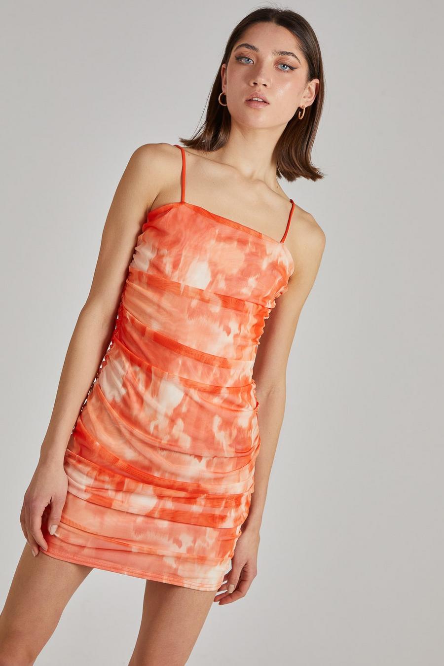 Orange Strappy Smudge Print Mini Dress image number 1