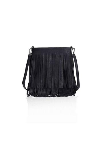 Black Classic PU Leather Fringe Detail Boho Style Crossbody Handbag