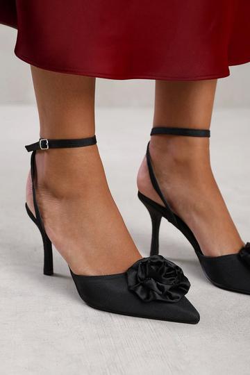 Black 'Briar' Pointed Toe Heel With Flower Detail