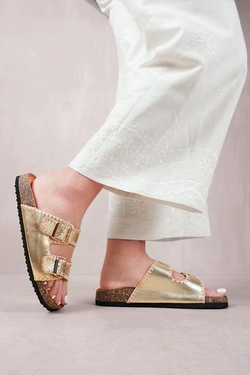 Gold Metallic 'Sunset' Double Strap Flat Sandals With Buckle Detail