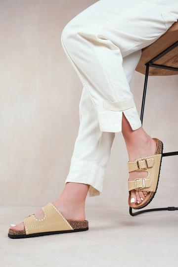 'Sunset' Double Strap Flat Sandals With Buckle Detail Khaki