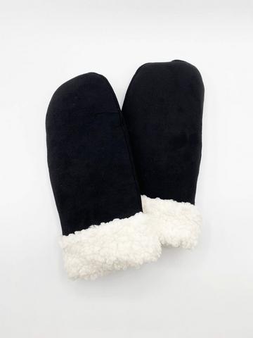 Black Faux Suede Mittens With Borg Lining