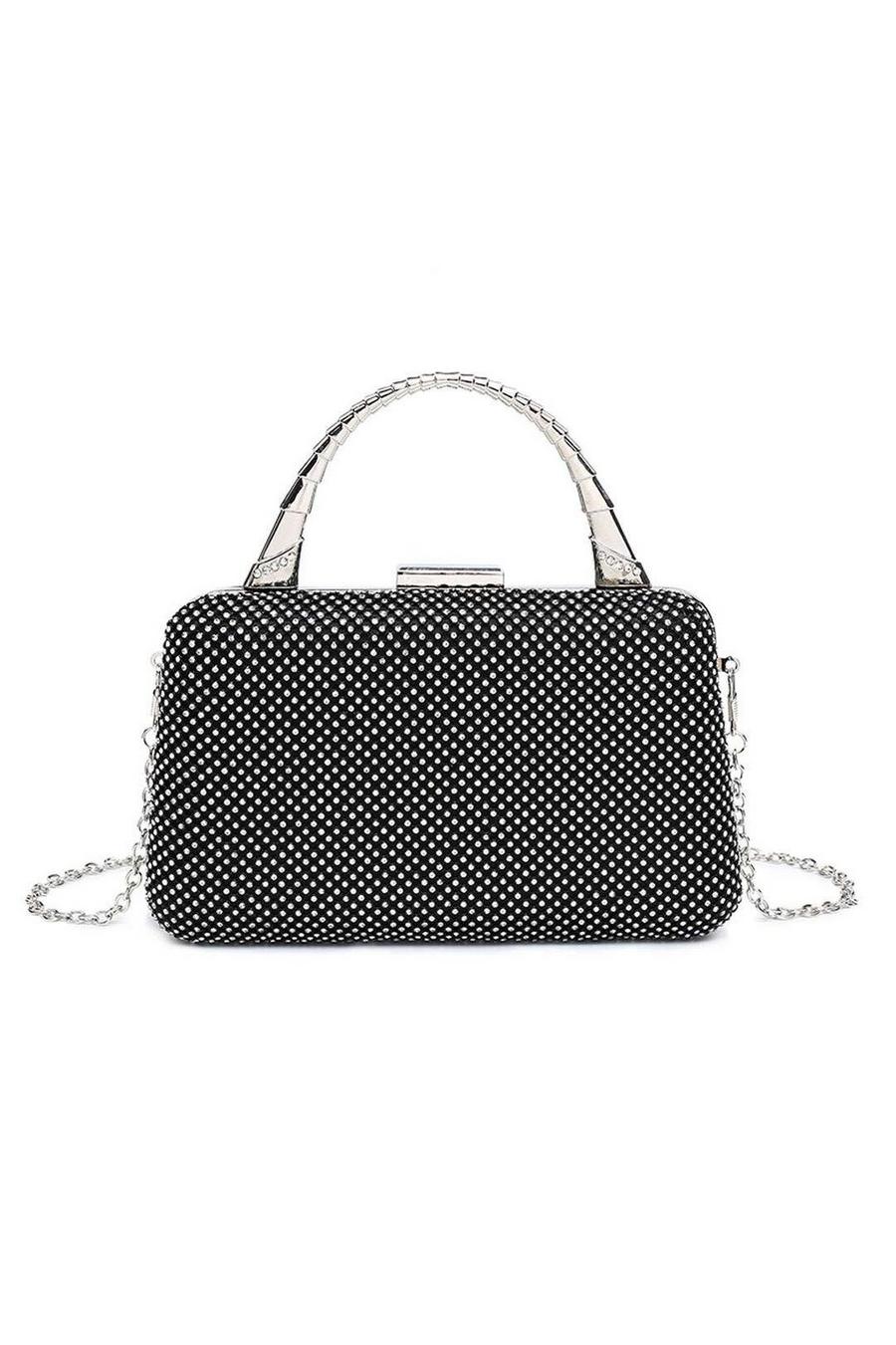 Black Shiny Evening Clutch Bag With Handle & Chain Strap