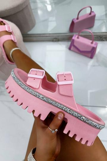 Pink Crystal Tread Platform Sliders