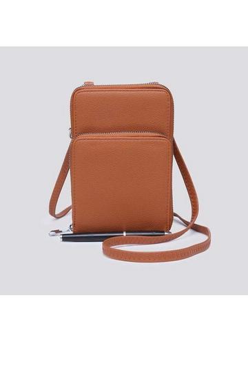 Brown Small Double-Zipped Mobile Phone Bag with Adjustable Strap