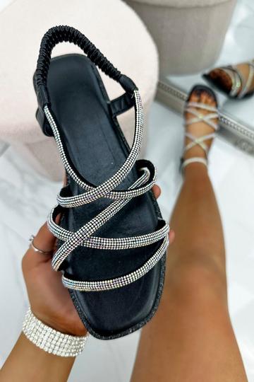 Black Crystal Criss Cross Stretch Sandals