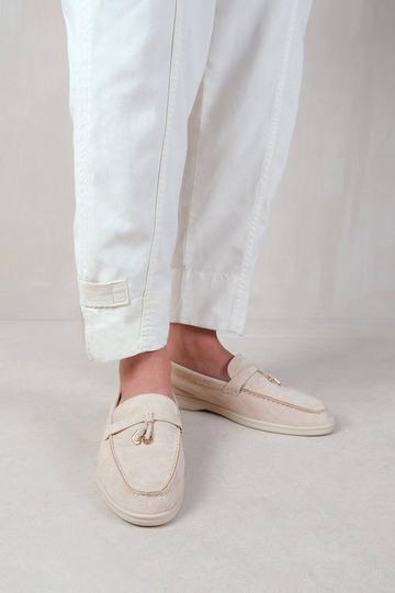 'Pegasus' Wide Fit Slip On Trim Loafers With Accessory Detailing Beige