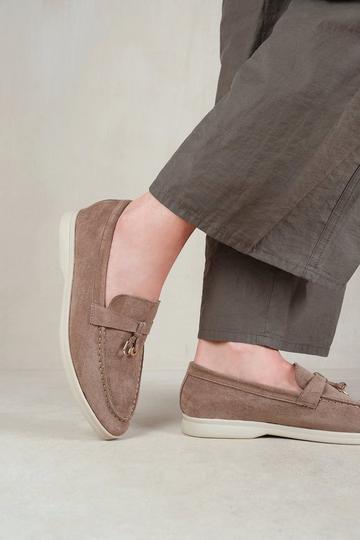 'Pegasus' Wide Fit Slip On Trim Loafers With Accessory Detailing Khaki