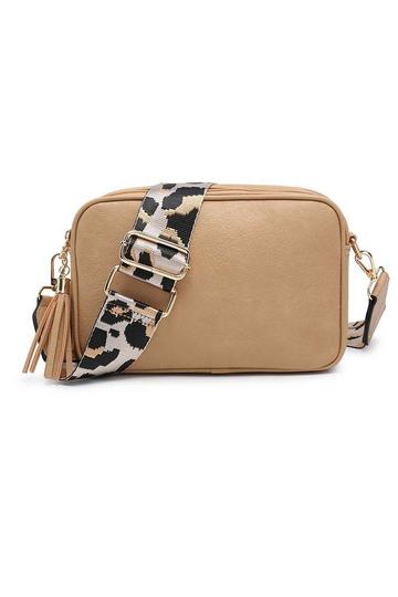 Beige Small Double Zip Compartments Crossbody Bag With Tassel Charm and Camo Strap