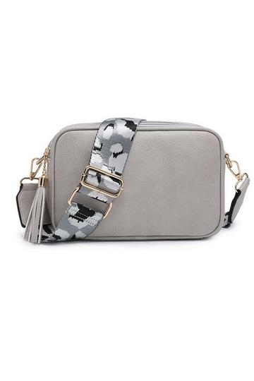 Grey Small Double Zip Compartments Crossbody Bag With Tassel Charm and Camo Strap