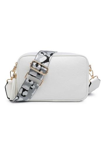 Small Double Zip Compartments Crossbody Bag With Tassel Charm and Camo Strap White