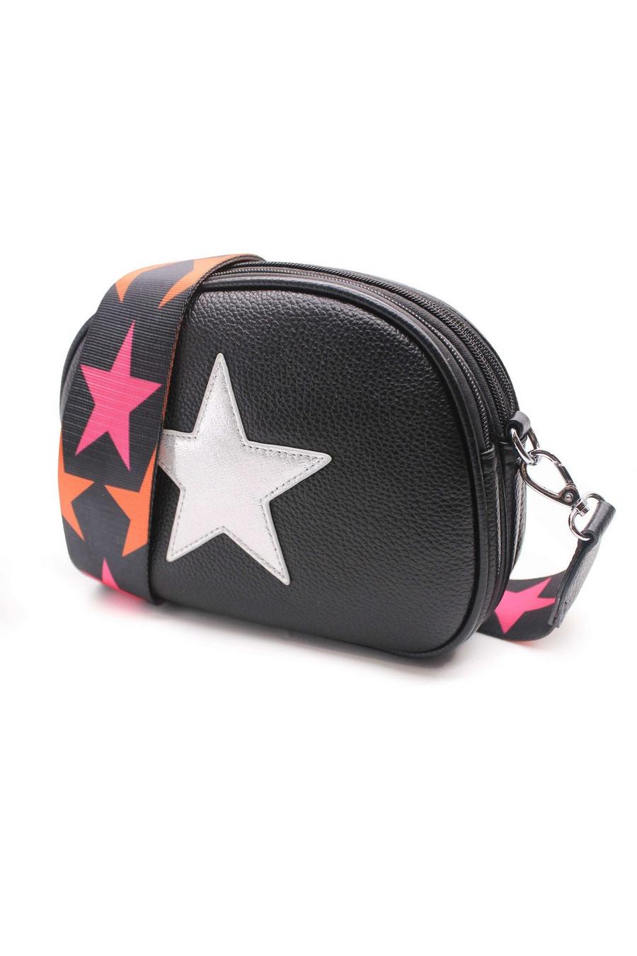 Black Trilly Shiny Silver Star Wide Strap Triple Compartment Camera Crossbody Bag image number 1