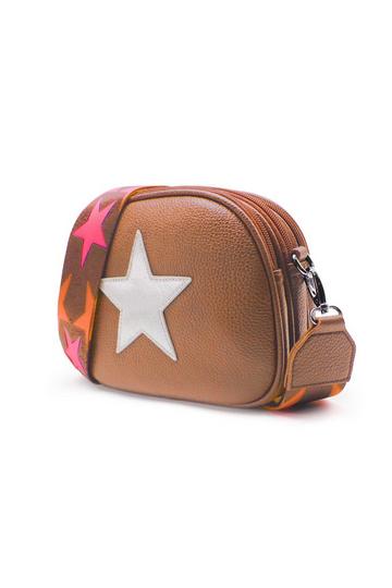 Trilly Shiny Silver Star Wide Strap Triple Compartment Camera Crossbody Bag Brown