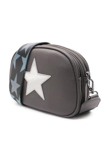 Grey Trilly Shiny Silver Star Wide Strap Triple Compartment Camera Crossbody Bag