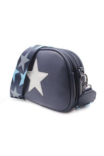 Trilly Shiny Silver Star Wide Strap Triple Compartment Camera Crossbody Bag Navy