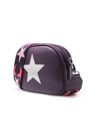 Trilly Shiny Silver Star Wide Strap Triple Compartment Camera Crossbody Bag Purple