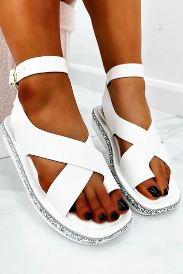 Crystal Trim Cross Over Sandals White