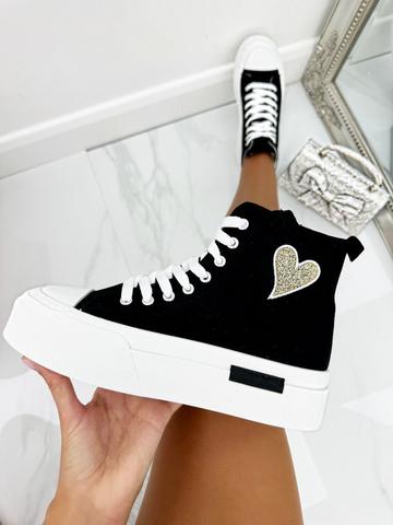 Glitter Heart Canvas High Top Trainers Black