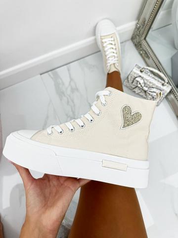 Glitter Heart Canvas High Top Trainers Nude