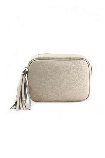 Tassel Charm Genuine Italian Leather Small Camera Crossbody Bag Beige