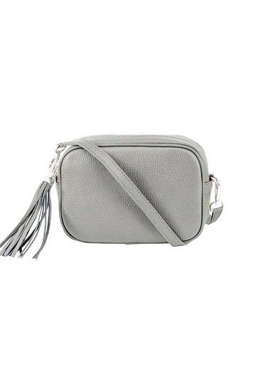 Grey Tassel Charm Genuine Italian Leather Small Camera Crossbody Bag