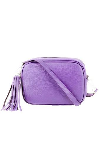 Lilac Purple Tassel Charm Genuine Italian Leather Small Camera Crossbody Bag