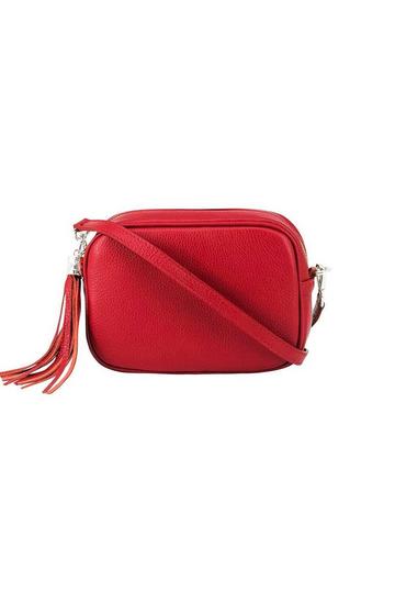 Tassel Charm Genuine Italian Leather Small Camera Crossbody Bag Red