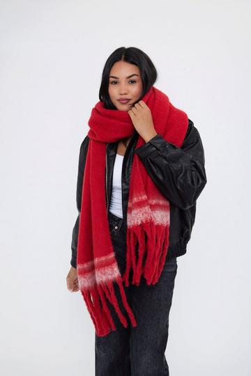 Red Oversized Chunky Blanket Scarf with Stripe Detail