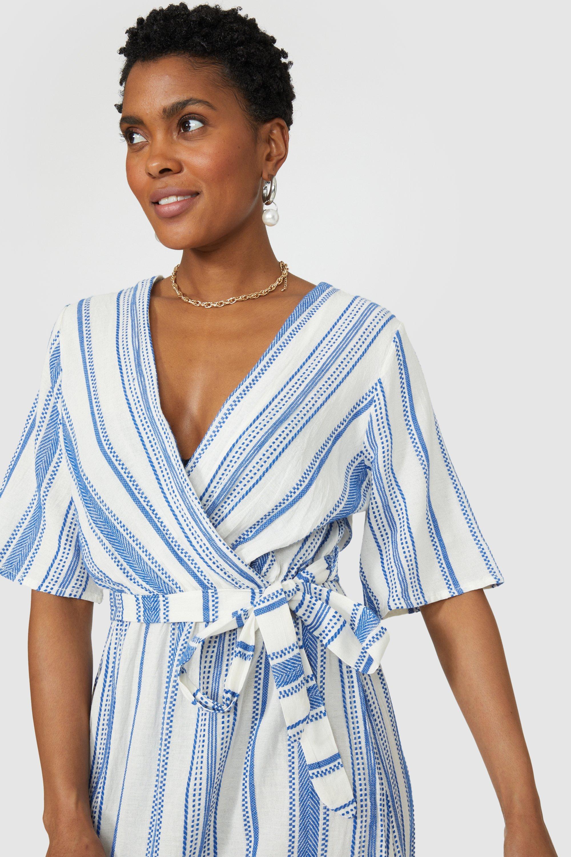 blue striped wrap dress