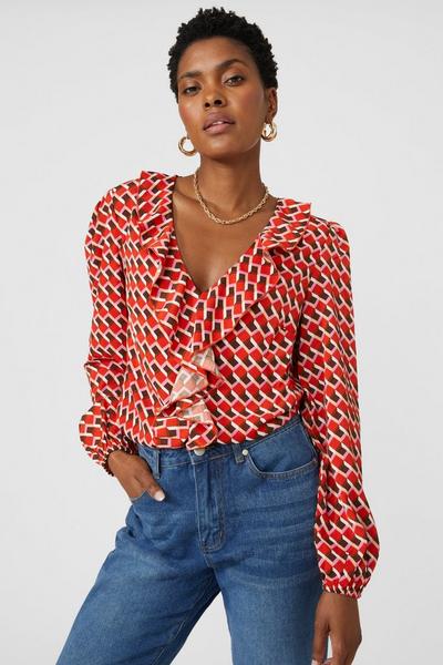 Principles red Geo Printed Ruffle Front V Neck Blouse
