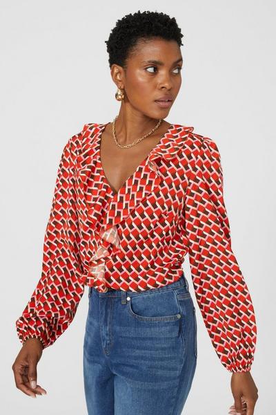 Principles red Geo Printed Ruffle Front V Neck Blouse