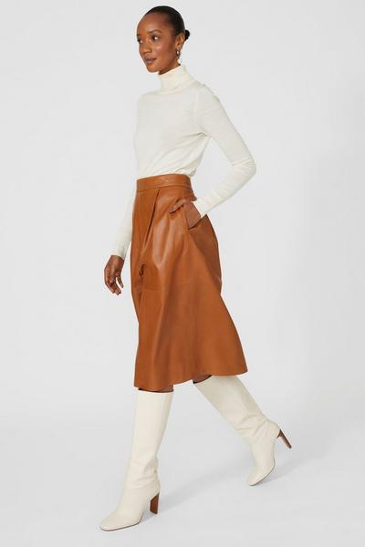 Principles tan Box Pleat Leather Midi Skirt