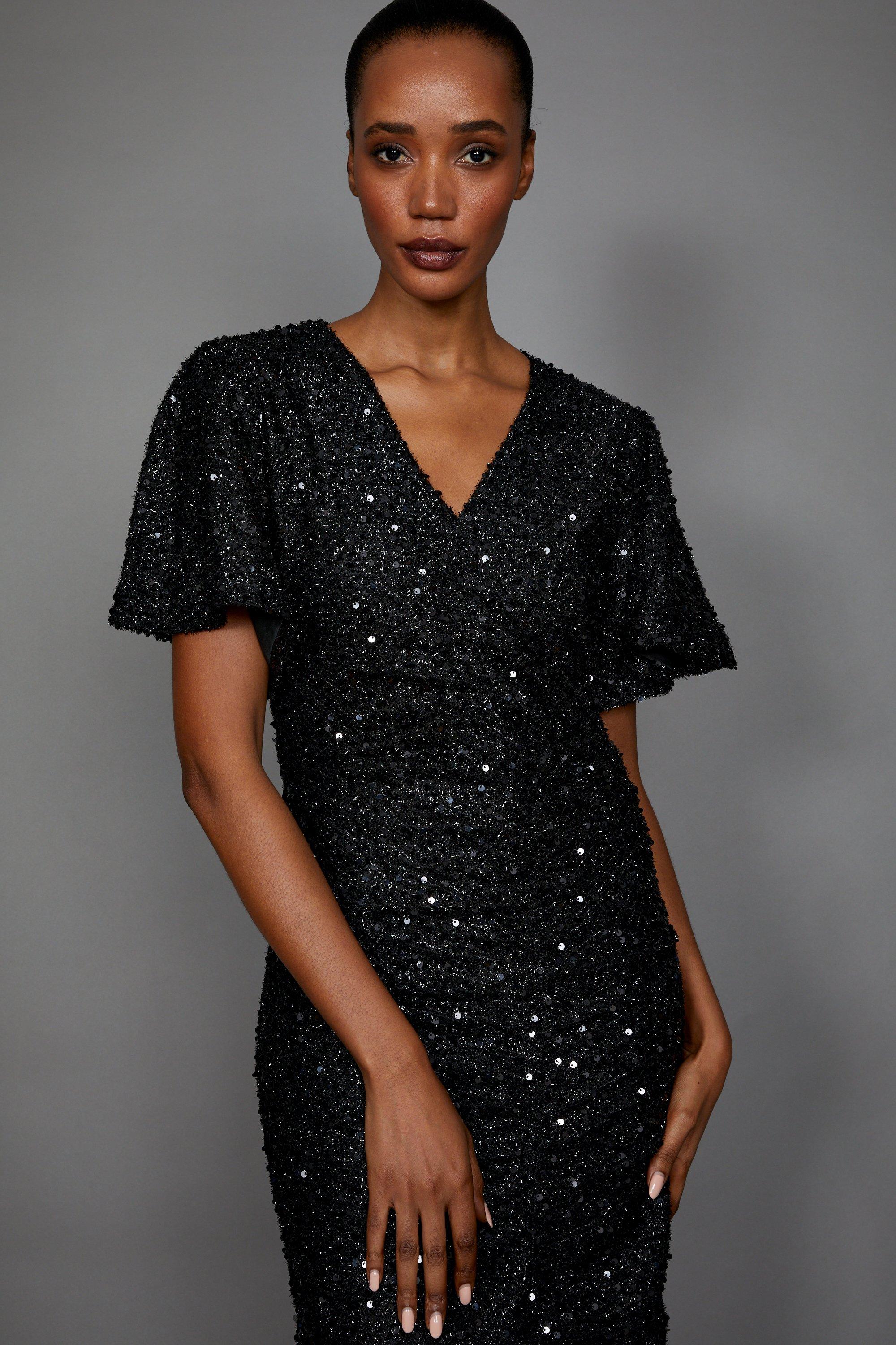 Audrienna Mini Dress - Sequin Long Sleeve Scoop Neck in Black