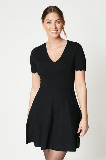 Collar Detail V Neck Pointelle Fit & Flare Dress black