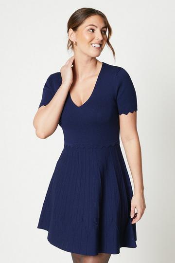 Collar Detail V Neck Pointelle Fit & Flare Dress navy