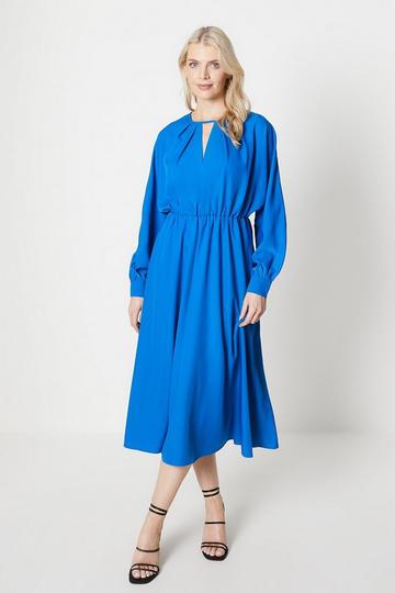 Blue Keyhole Blouson Sleeve Midi Dress