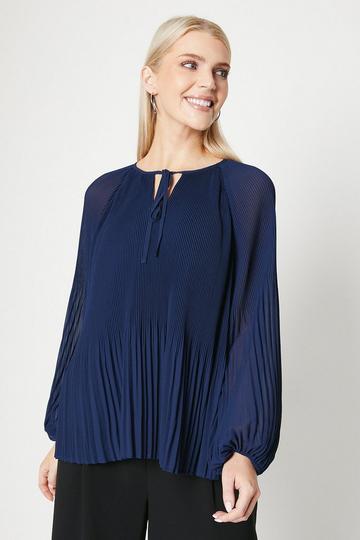 Pleated Tie Neck Top navy