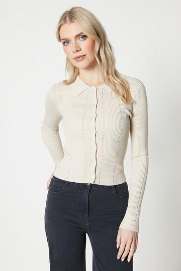 Button Through Knitted Polo Top camel