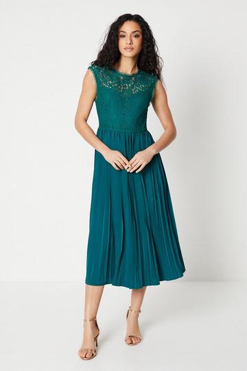 Pleated Lace Midi Dress green