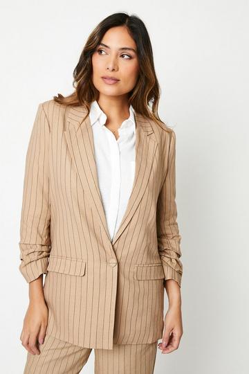 Ruched Sleeve Single Breasted Blazer stripe