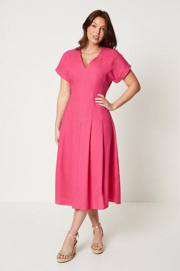 Linen Blend Pleat Detail Midi Dress pink