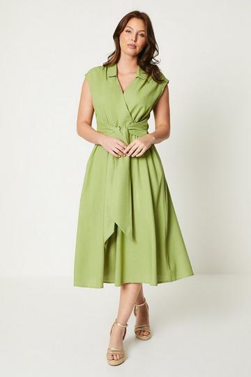 Chartreuse Yellow Linen Blend Belted Midi Dress