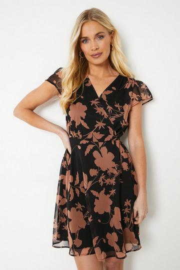 Petite Floral Mini Wrap Dress black